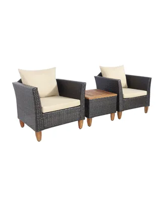 3 Pieces Patio Rattan Bistro Furniture Set with Wooden Table Top