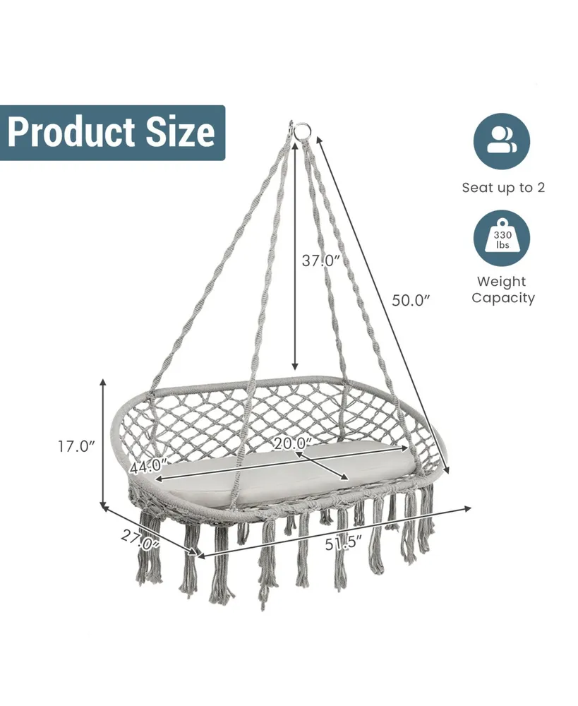2 Person Hanging Hammock Chair with Cushion Macrame Swing-Gray