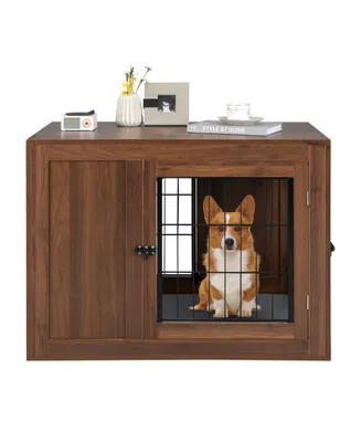 Furniture Dog Crate with Cushion and Double Doors-Walnut