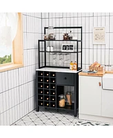 Kitchen Bakers Rack Freestanding Wine Rack Table with Glass Holder and Drawer-Black