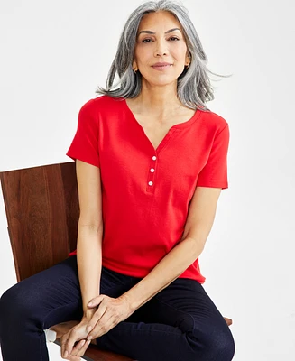 Style & Co Women's Cotton Short-Sleeve Henley Top, Created for Macy's