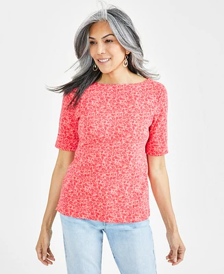 Style & Co Women's Printed Boat-Neck Elbow-Sleeve Top, Regular Petite