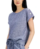 Anne Klein Women's Linen-Blend Button-Shoulder Short-Sleeve Top
