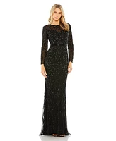 Women's Beaded Long Sleeve Evening Gown