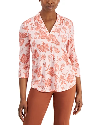 Jm Collection Petite Elena Floral V-Neck Top, Created for Macy's