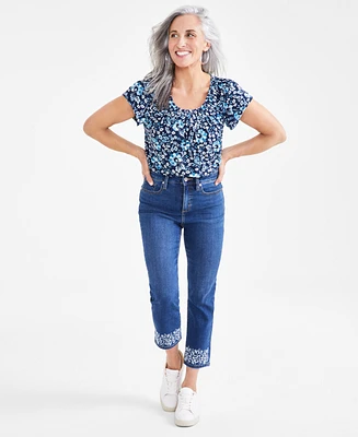 Style & Co Petite High-Rise High-Cuff Embroidered Capri Jeans, Created for Macy's