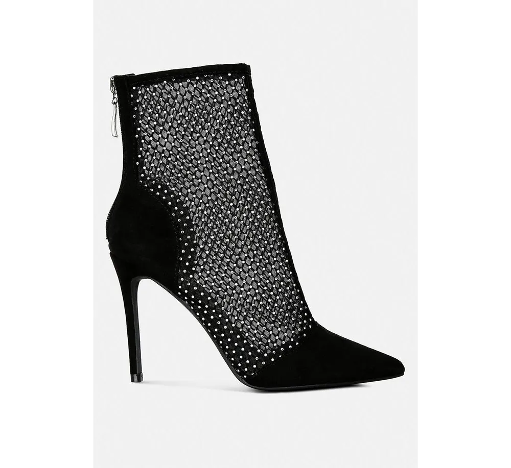 Womens jazz rhinestone embellished mesh stiletto boots