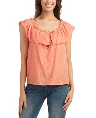Bcx Juniors' Floral Embroidered Ruffle-Trim Scoop Neck Top