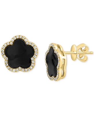 Effy Onyx & Diamond (1/5 ct. t.w.) Flower Halo Stud Earrings in 14k Gold