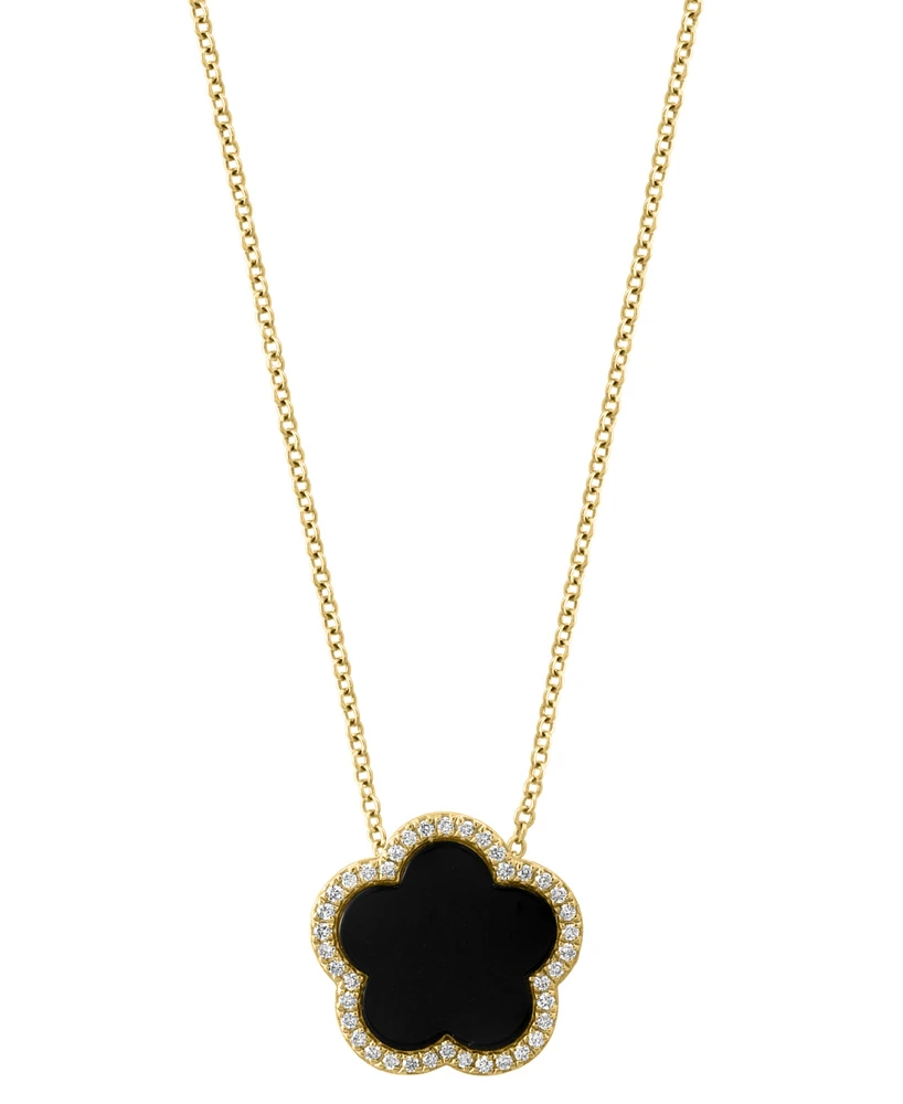 Effy Malachite & Diamond (1/6 ct. t.w.) Flower Halo 18" Pendant Necklace in 14k Gold (Also in Onyx)