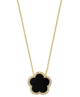 Effy Malachite & Diamond (1/6 ct. t.w.) Flower Halo 18" Pendant Necklace in 14k Gold (Also in Onyx)