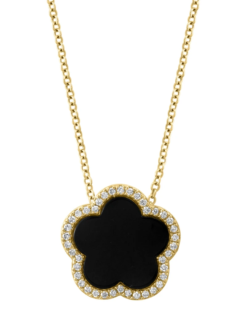 Effy Onyx & Diamond (1/6 ct. t.w.) Flower Halo 18" Pendant Necklace in 14k Gold