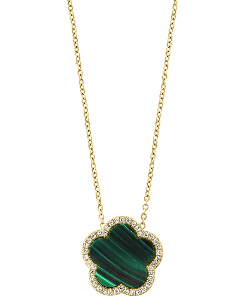 Effy Malachite & Diamond (1/6 ct. t.w.) Flower Halo 18" Pendant Necklace in 14k Gold