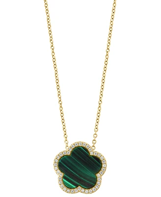 Effy Malachite & Diamond (1/6 ct. t.w.) Flower Halo 18" Pendant Necklace in 14k Gold
