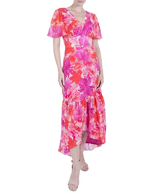 julia jordan Women's Printed Flutter-Sleeve High-Low Maxi Dress