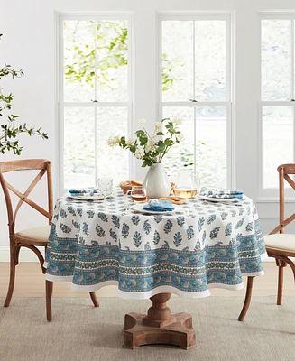 Tropez Block Print Stain Water Resistant Indoor and Outdoor Tablecloth