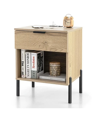 1PC Nightstand with Charging Station Drawer Compartment Modern Side End Table