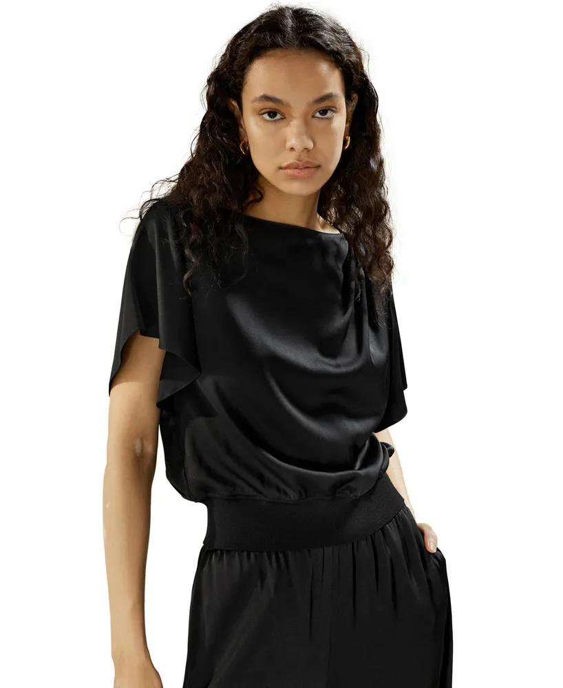 Short rippled batwing sleeves Silk Shirt for Women