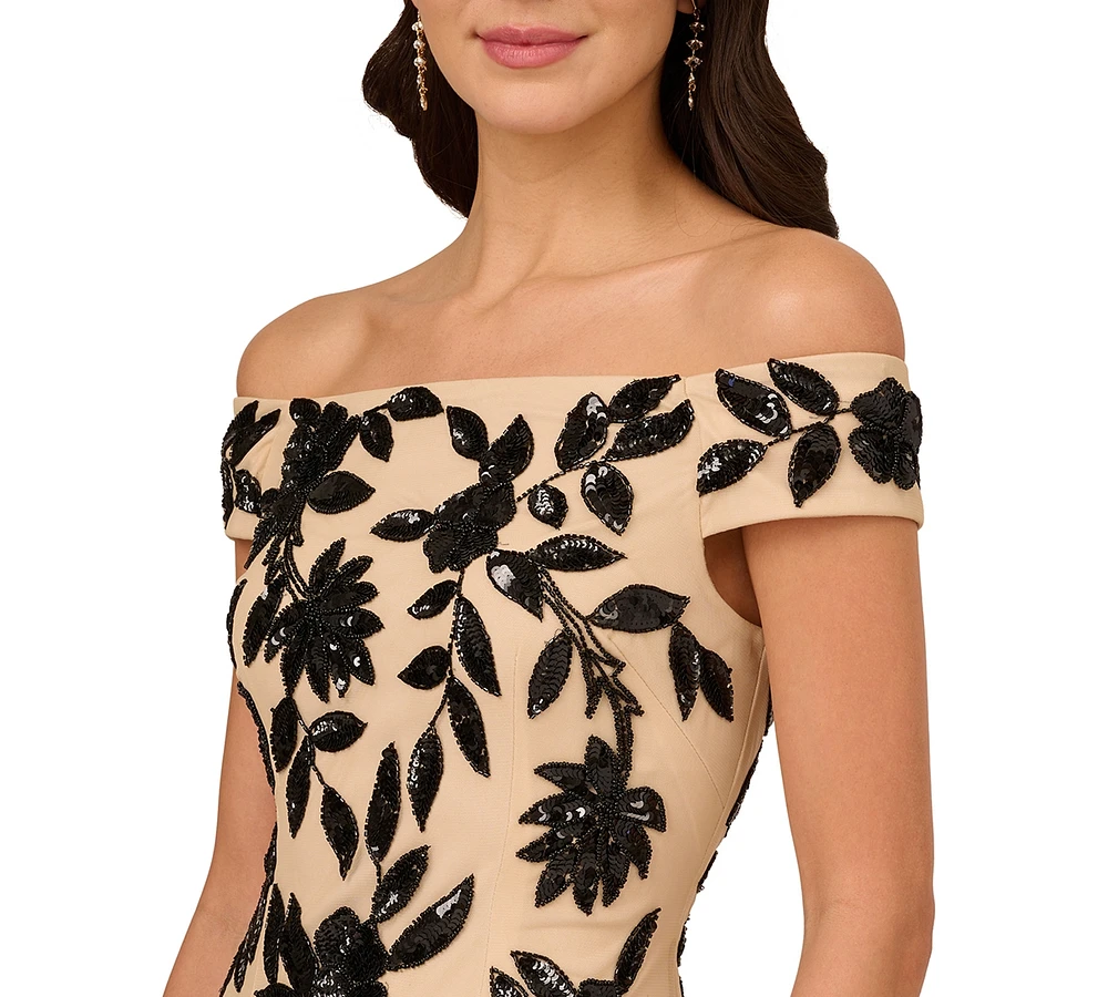 Adrianna Papell Petite Beaded Mesh Off-The-Shoulder Gown