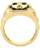 Effy Men's Onyx, Diamond (1/5 ct. t.w.) & Emerald (1/20 ct. t.w.) Panther Signet Ring in 14k Gold