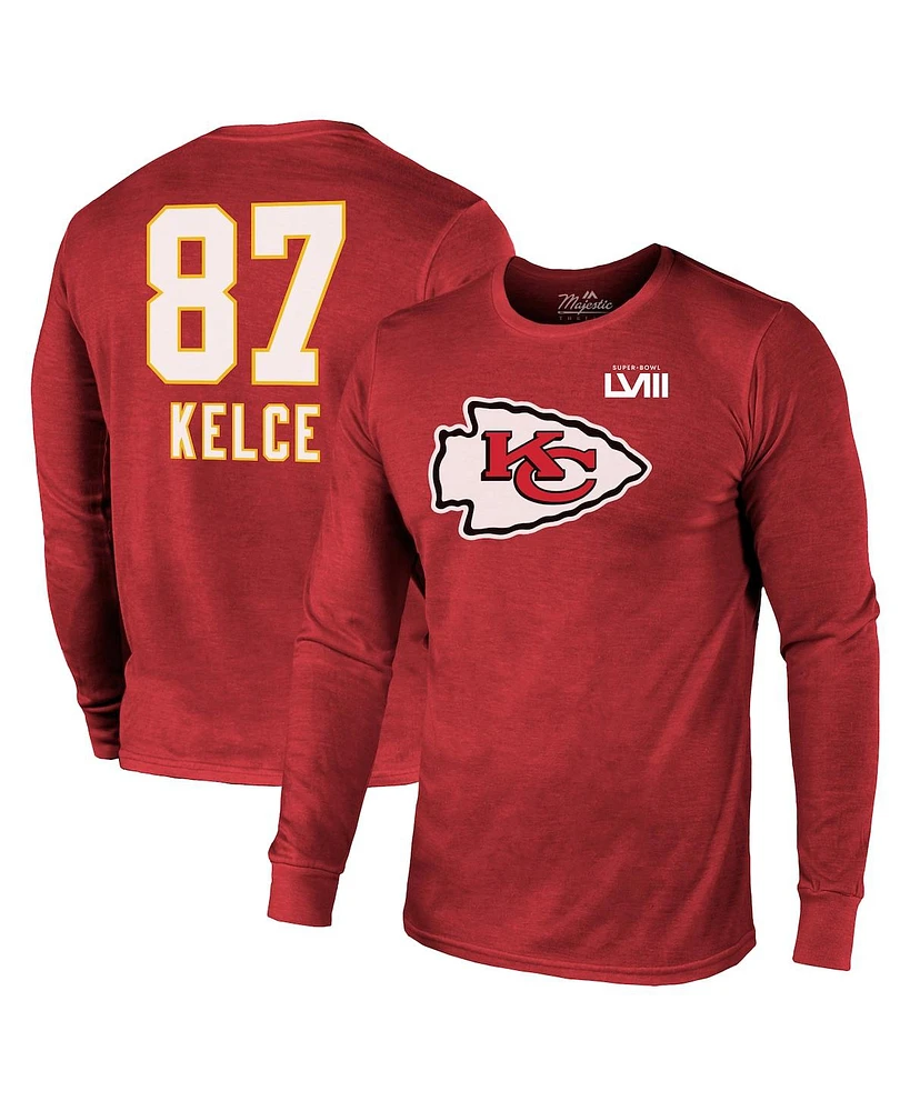 Men's Majestic Threads Travis Kelce Red Kansas City Chiefs Super Bowl Lviii Name and Number Tri-Blend Long Sleeve T-shirt