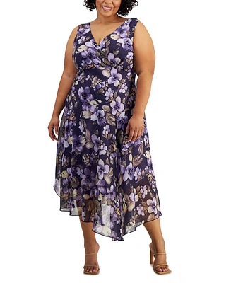 Connected Plus Size Printed Surplice-Neck Handkerchief-Hem Dress