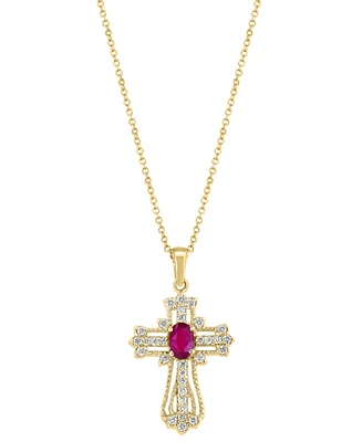 Effy Ruby (1/2 ct. t.w.) & Diamond (1/2 ct. t.w.) Openwork Cross 18" Pendant Necklace in 14k Gold