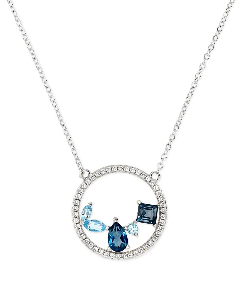 Blue Topaz (1-1/4 ct. t.w.) & Lab-Grown White Sapphire (1/4 ct. t.w.) Cluster Circle 18" Pendant Necklace in Sterling Silver