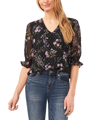 CeCe Women's Floral 3/4-Sleeve Ruffled V-Neck Blouse