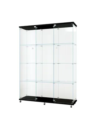 Glass Display Cabinet with 4 Shelves Extra Large, Curio Cabinets for Living Room, Bedroom, Office, Black Floor Standing Glass Bookshelf, Quick Install