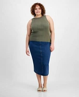 Now This Trendy Plus Size Ribbed Boat Neck Sweater Tank Denim Midi Skirt