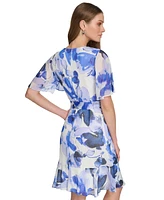 Dkny Petite Printed Flutter-Sleeve Tie-Waist Fit & Flare Chiffon Dress