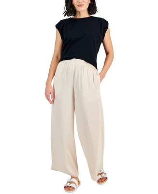 Bar Iii Petite Smocked-Waist Wide-Leg Pull-On Pants, Created for Macy's