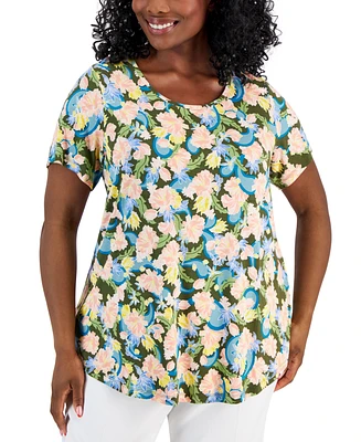 Jm Collection Plus Oaklyn Floral-Print Short-Sleeve Top, Created for Macy's