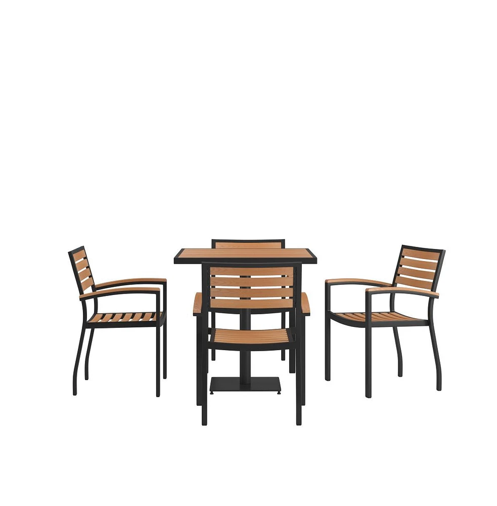 Alani Five Piece Faux Teak Patio Dining Set For Indoor And Outdoor Use - Square Table And Four Club Chairs With Arms