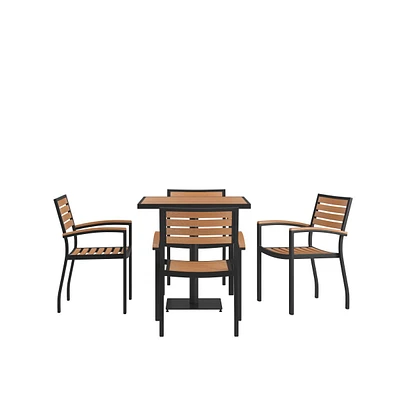 Alani Five Piece Faux Teak Patio Dining Set For Indoor And Outdoor Use - Square Table And Four Club Chairs With Arms