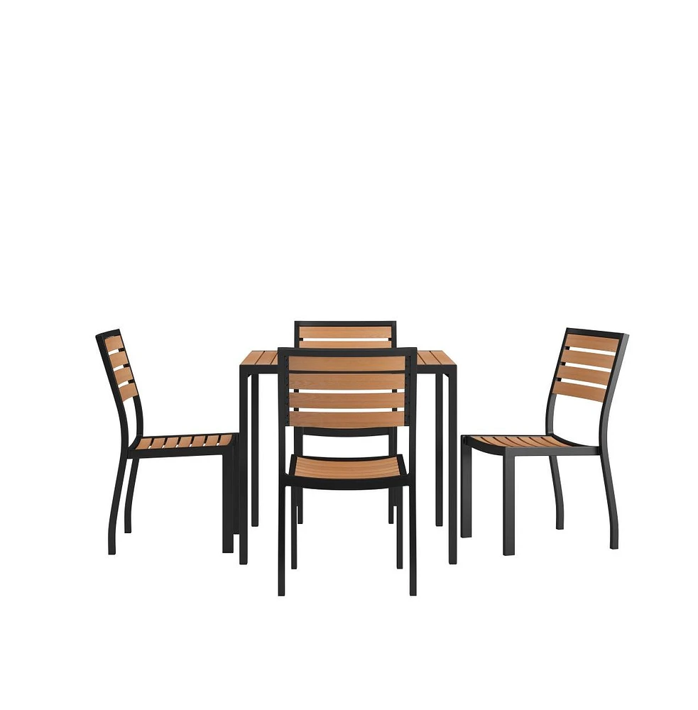 Forrest Seven Piece Faux Teak Patio Dining Set - Table, 4 Armless Stacking Club Chairs And 9' Patio Umbrella & Base