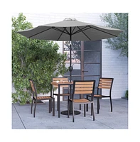 Forrest Seven Piece Faux Teak Patio Dining Set - Table, 4 Armless Stacking Club Chairs And 9' Umbrella & Base