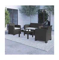 Ava 4 Piece Faux Rattan Patio Furniture Set With 2 Chairs And Love Seat With Removable Cushions And Table