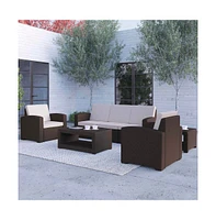 Errol 5 Piece Faux Rattan Patio Set - 2 Chairs And Sofa With Removable Cushions, Coffee Table And End Table