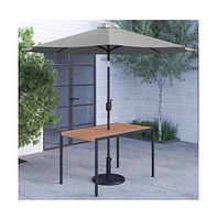Outdoor Powder Coated Steel Dining Table With Faux Teak Poly Slat Top, 9' Patio Umbrella And Base