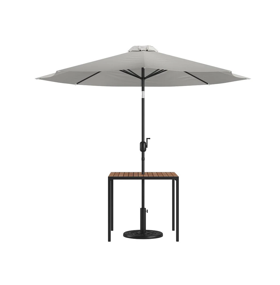 Square Faux Teak Outdoor Dining Table With Powder Coated Steel Frame, 9' Adjustable Umbrella And Base