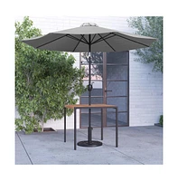 Square Faux Teak Outdoor Dining Table With Powder Coated Steel Frame, 9' Adjustable Umbrella And Base