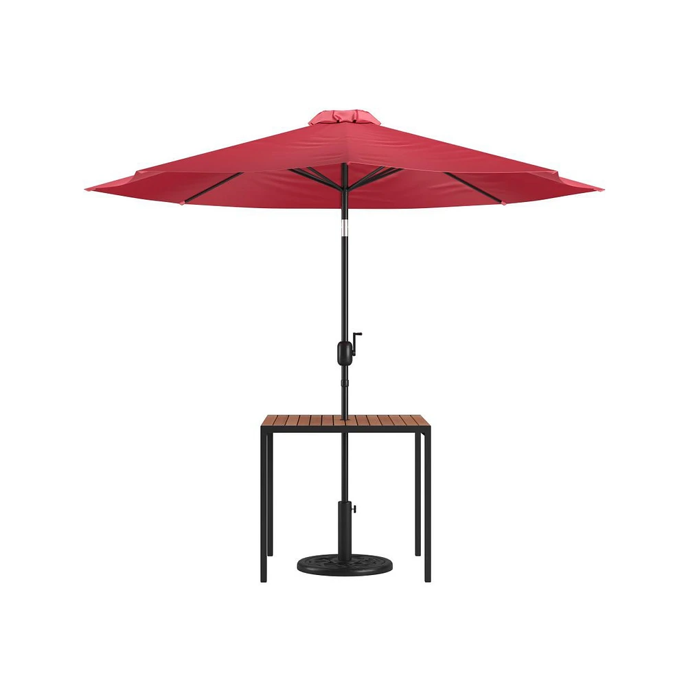 Square Faux Teak Outdoor Dining Table With Powder Coated Steel Frame, 9' Adjustable Umbrella And Base