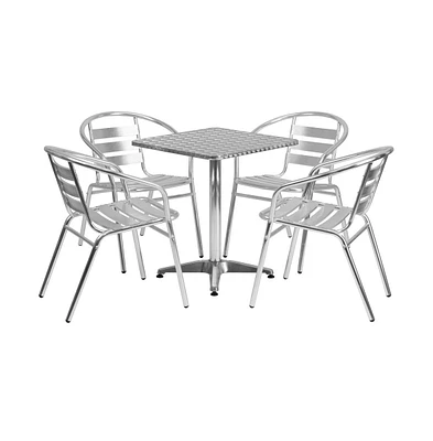 23.5'' Square Aluminum Indoor-Outdoor Table Set With 4 Slat Back Chairs