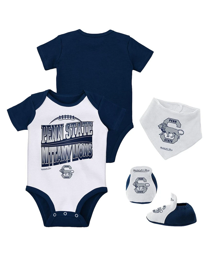 Baby Boys and Girls Mitchell & Ness Navy, White Penn State Nittany Lions 3-Pack Bodysuit, Bib and Bootie Set