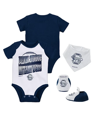 Baby Boys and Girls Mitchell & Ness Navy, White Penn State Nittany Lions 3-Pack Bodysuit, Bib Bootie Set