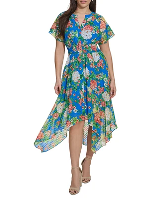 kensie Women's Floral-Print Clip-Dot Midi Dress
