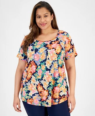 Jm Collection Plus Glorious Garden Scoop-Neck Top, Created for Macy's