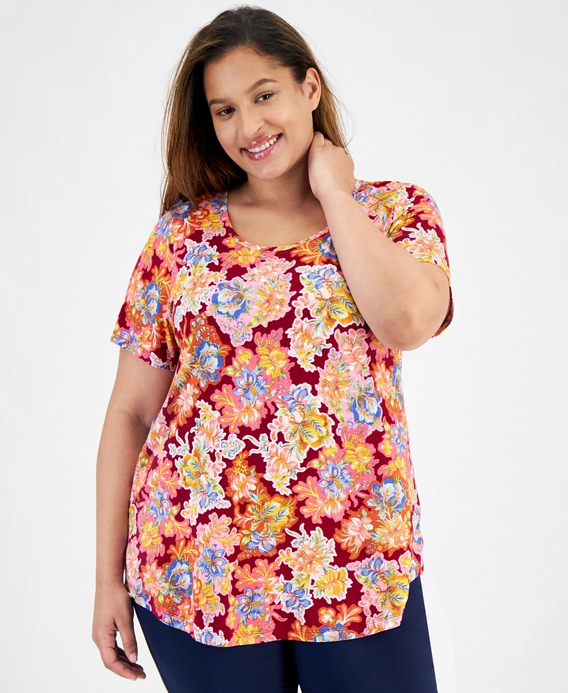 Jm Collection Plus Glorious Garden Scoop-Neck Top, Created for Macy's